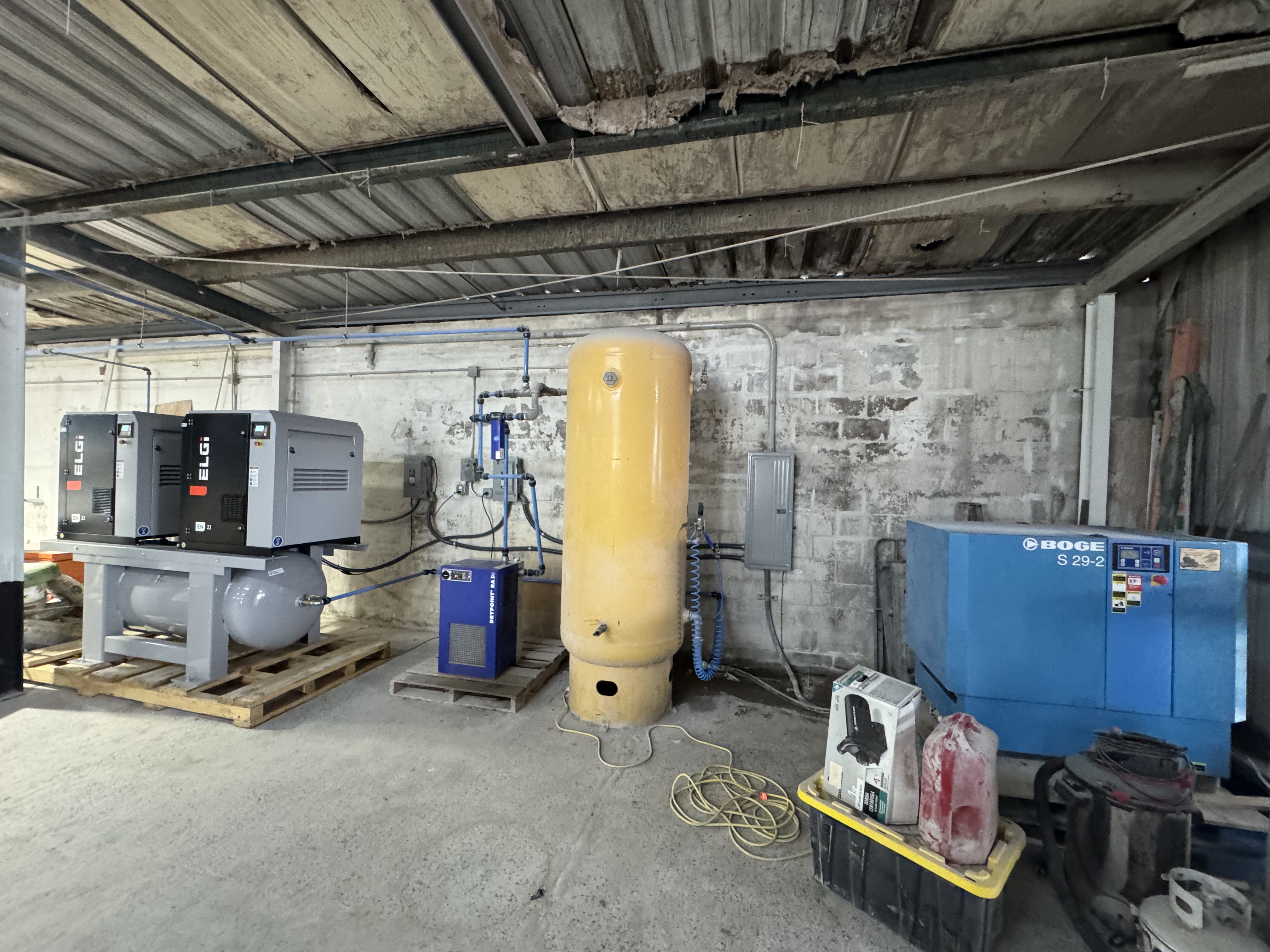 Dual ELGi rotary screw compressors and BOGE S 29-2 compressor room installation - Tampa Bay FL