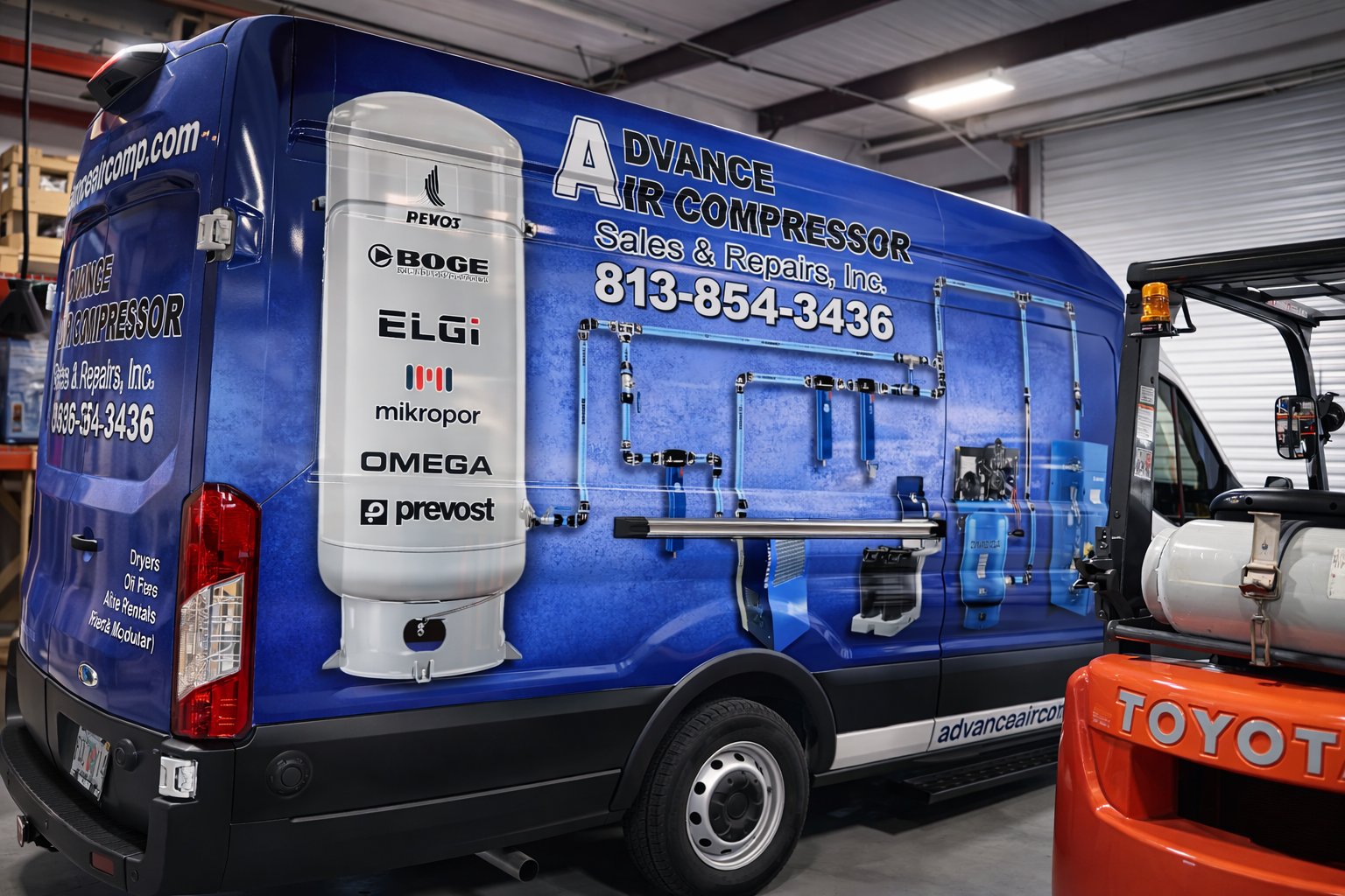 Advance Air Compressor van showing BOGE ELGi BEKO Mikropor brands